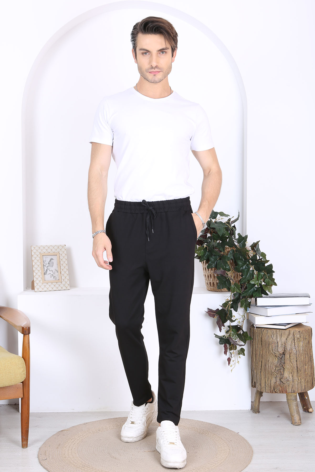 Pogi Erkek Tek Alt Eşofman Arka Fermuarlı Cepli Pamuklu Düz Paça - Siyah - Thumbnail