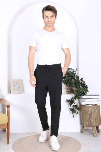 POGI - Pogi Erkek Tek Alt Eşofman Arka Fermuarlı Cepli Pamuklu Düz Paça - Siyah