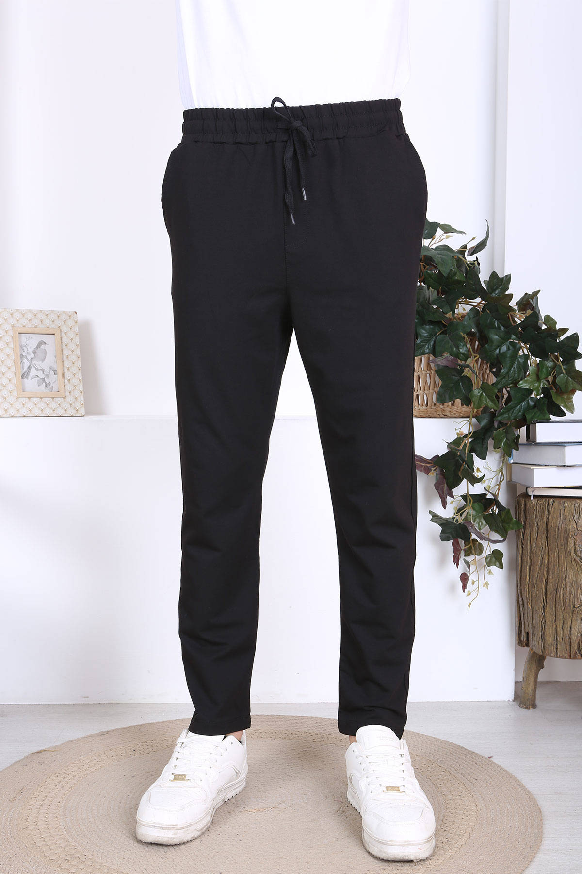 Pogi Erkek Tek Alt Eşofman Arka Fermuarlı Cepli Pamuklu Düz Paça - Siyah - Thumbnail