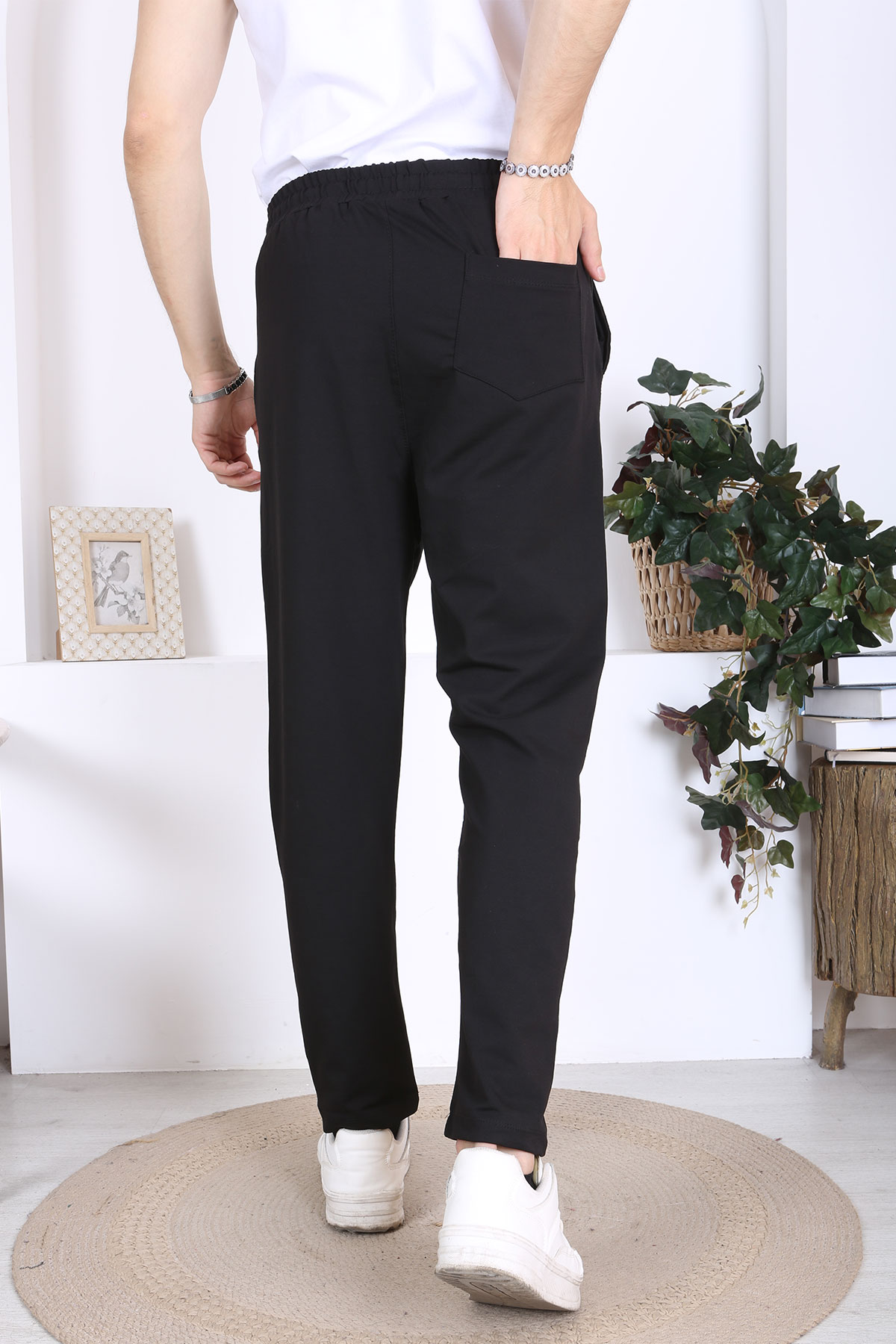 Pogi Erkek Tek Alt Eşofman Arka Fermuarlı Cepli Pamuklu Düz Paça - Siyah - Thumbnail