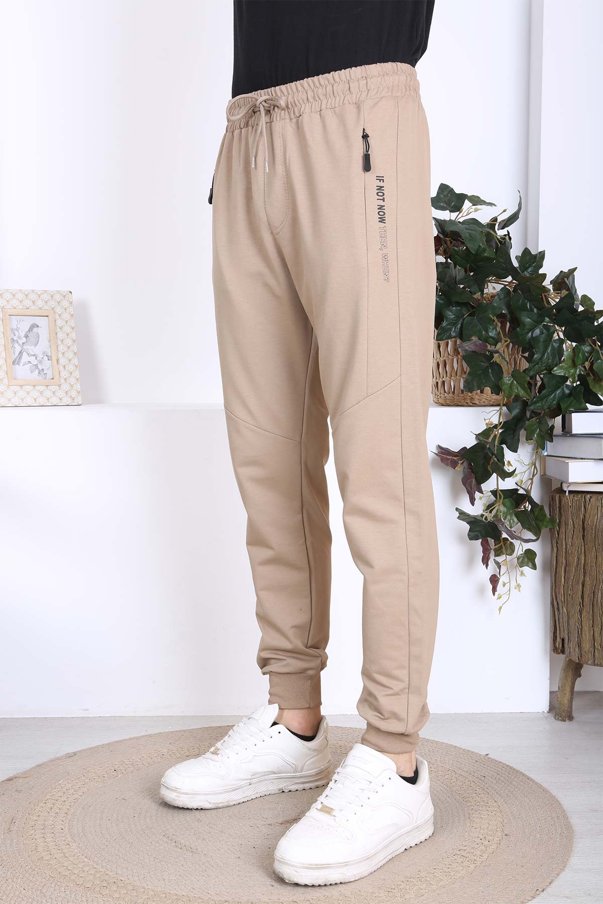 Pogi Erkek Tek Alt Eşofman - Bej - Thumbnail