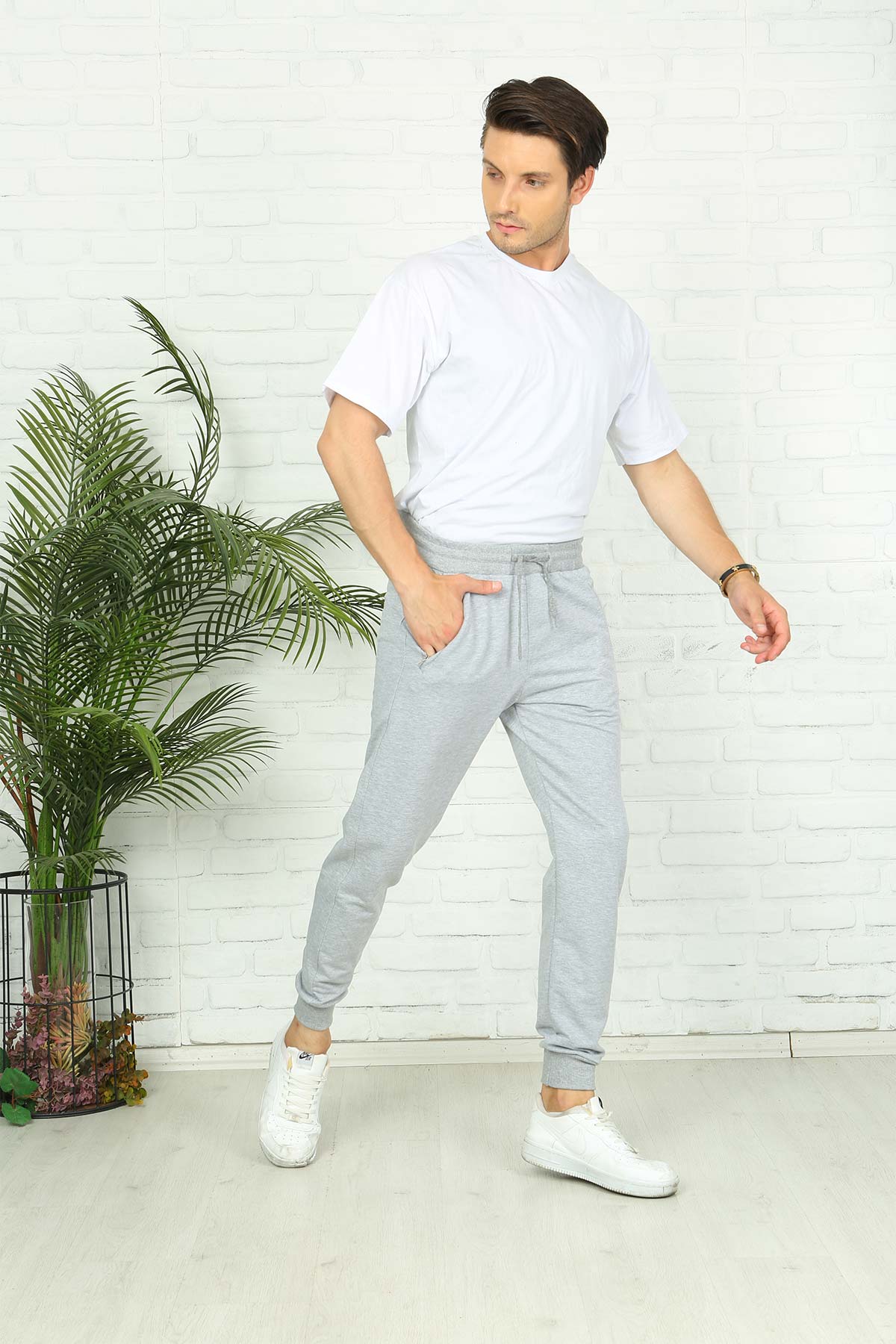 Pogi Erkek Tek Alt Eşofman - Krem - Thumbnail