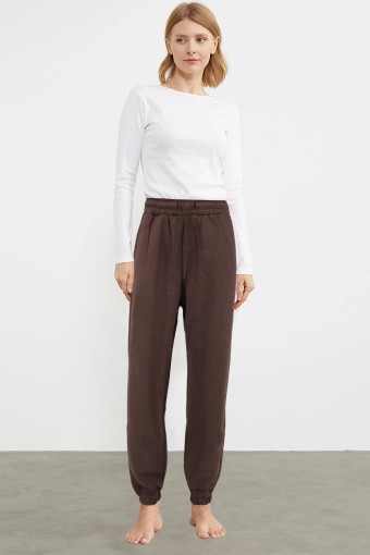 POGI - Pogi Kadın Büyük Beden Tek Alt Eşofman 3 İplik Paça Lastikli - Acı Kahve