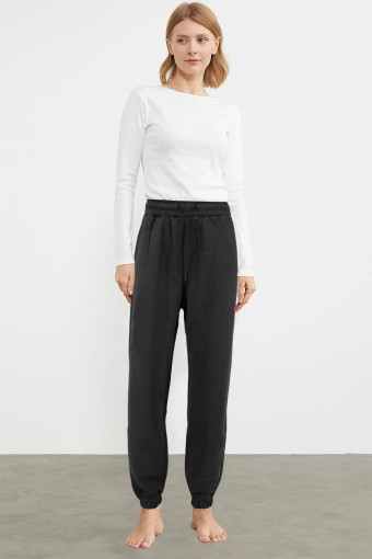 POGI - Pogi Kadın Büyük Beden Tek Alt Eşofman 3 İplik Paça Lastikli - Siyah