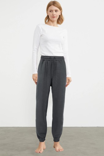 POGI - Pogi Kadın Büyük Beden Tek Alt Eşofman 3 İplik Paça Lastikli - Siyah (1)