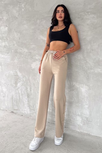 POGI - Pogi Kadın Eşofman Altı Uzun Bol Paça Çıtçıtlı - Bej (1)