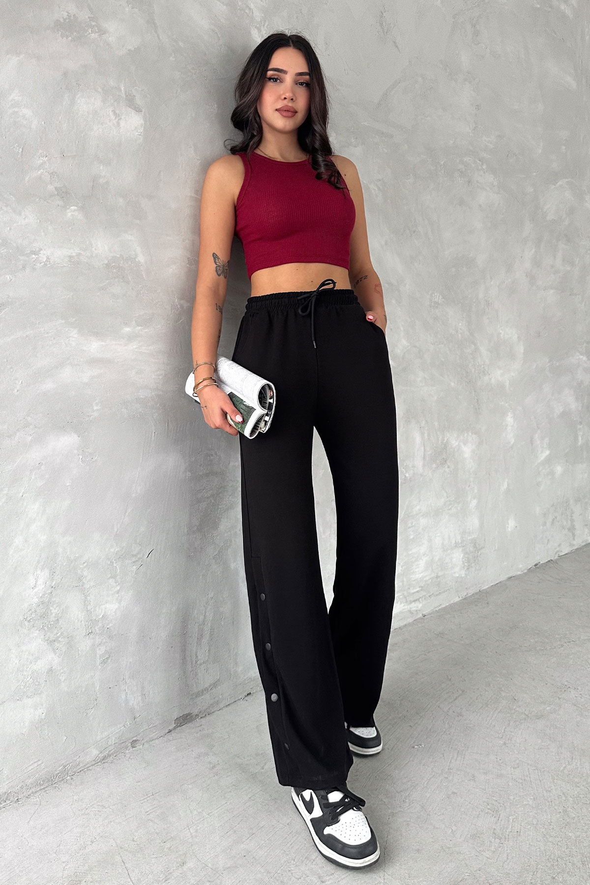 Pogi Kadın Eşofman Altı Uzun Bol Paça Çıtçıtlı - Bej - Thumbnail