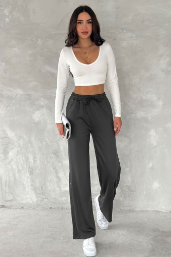 POGI - Pogi Kadın Eşofman Altı Uzun Bol Paça Çıtçıtlı - Füme