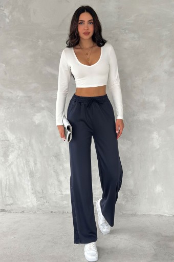 POGI - Pogi Kadın Eşofman Altı Uzun Bol Paça Çıtçıtlı - Lacivert