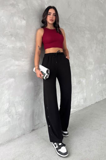 POGI - Pogi Kadın Eşofman Altı Uzun Bol Paça Çıtçıtlı - Siyah