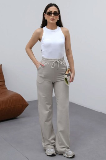 POGI - Pogi Kadın Eşofman Altı Uzun Bol Paça Modal - Taş