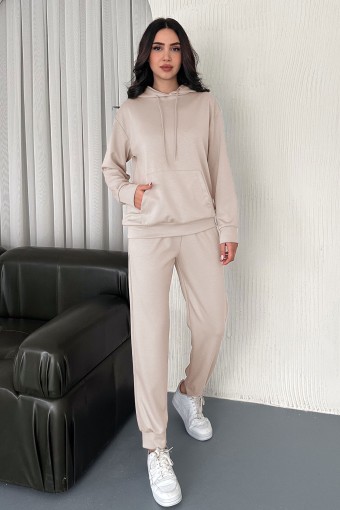 POGI - Pogi Kadın Eşofman Takımı Manşetli Paça Kapuşonlu - Bej
