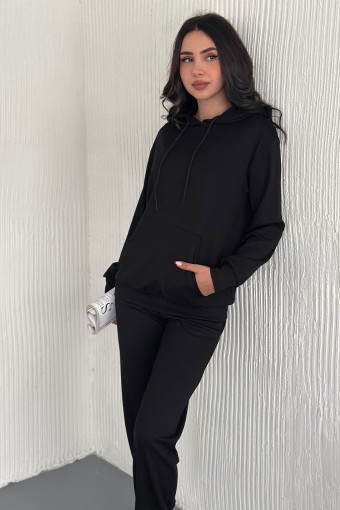 POGI - Pogi Kadın Eşofman Takımı Manşetli Paça Kapuşonlu - Siyah (1)