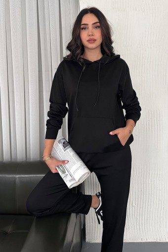 POGI - Pogi Kadın Eşofman Takımı Manşetli Paça Kapuşonlu - Siyah (1)