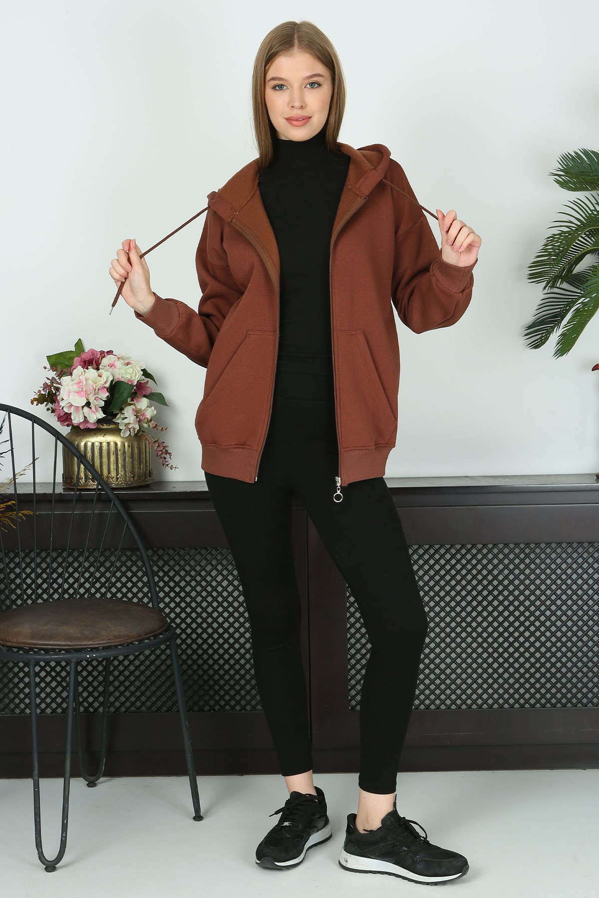 Pogi Kadın Kapşonlu Sweatshirt - Kahverengi - Thumbnail