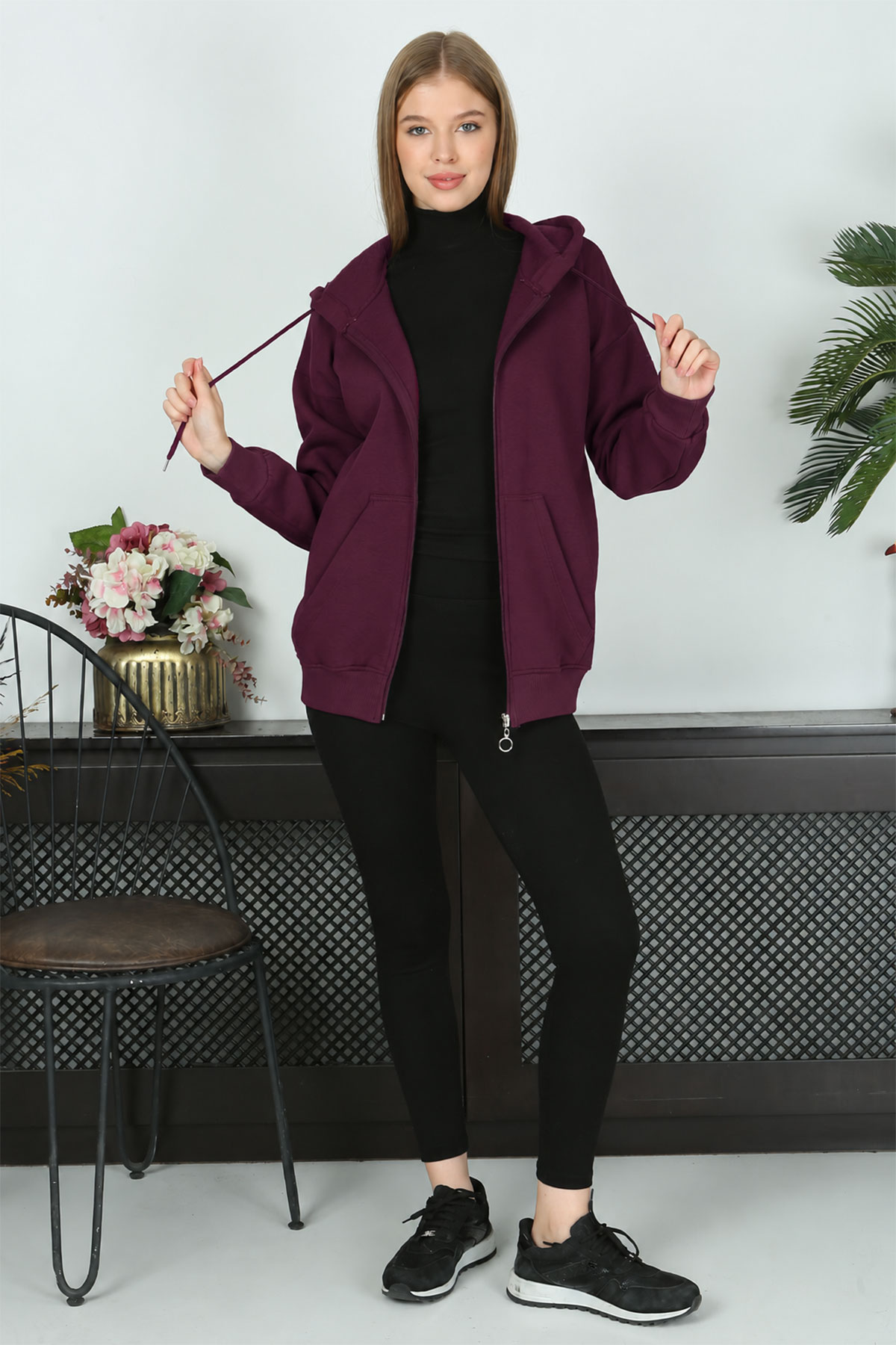 Pogi Kadın Kapşonlu Sweatshirt - Mürdüm - Thumbnail