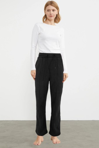 POGI - Pogi Kadın Tek Alt Eşofman 3 İplik Çimalı Boru Paça - Siyah