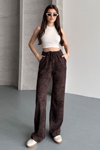 POGI - Pogi Kadın Tek Alt Eşofman Batik Pamuk Likralı Bol Paça - Acı Kahve