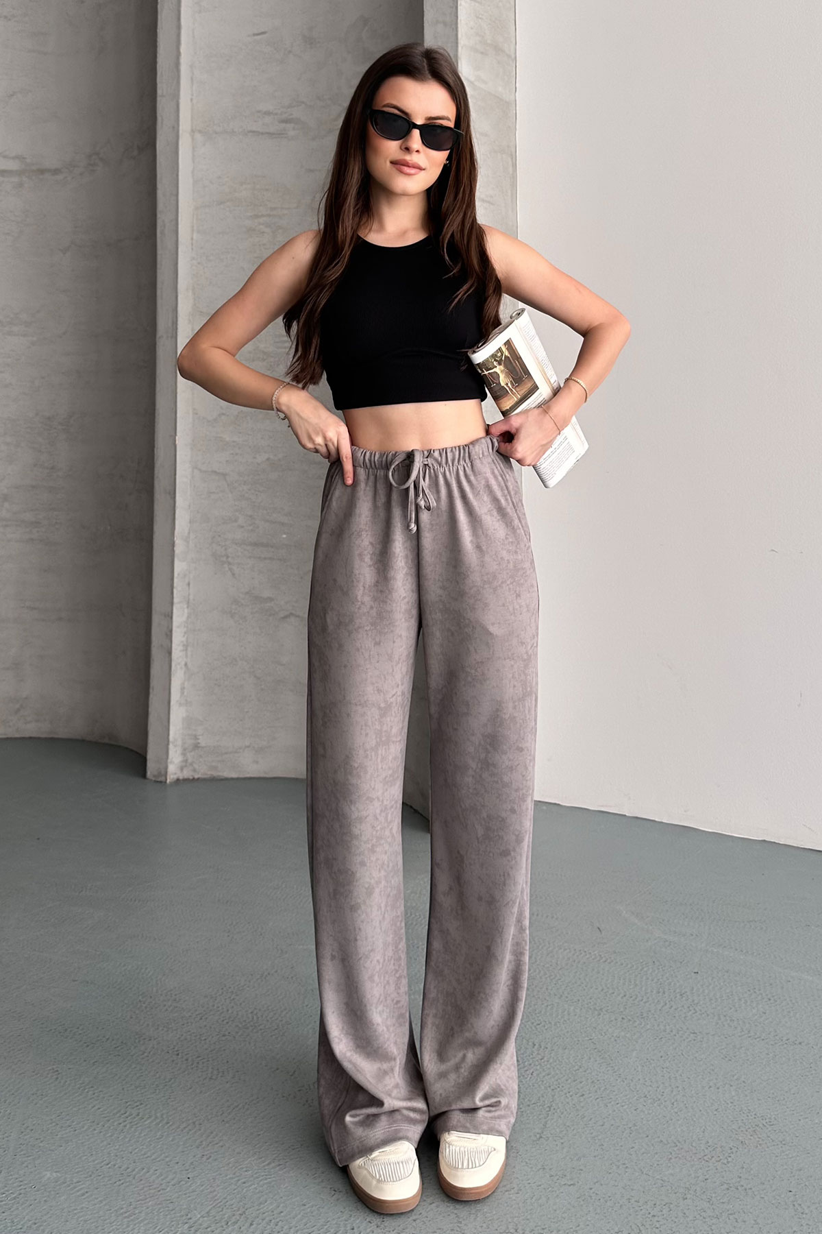 Pogi Kadın Tek Alt Eşofman Batik Pamuk Likralı Bol Paça - Gri - Thumbnail