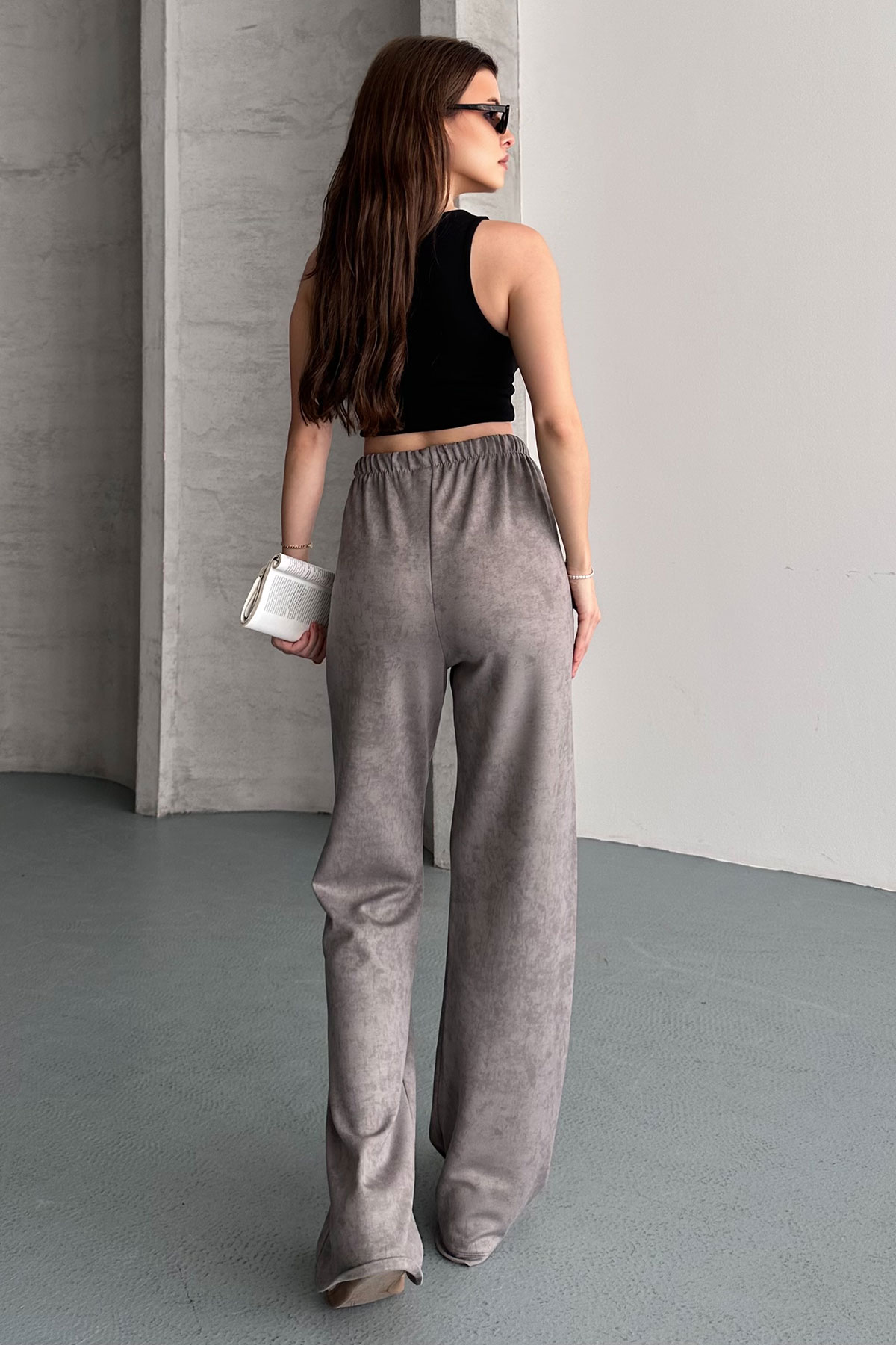 Pogi Kadın Tek Alt Eşofman Batik Pamuk Likralı Bol Paça - Gri - Thumbnail