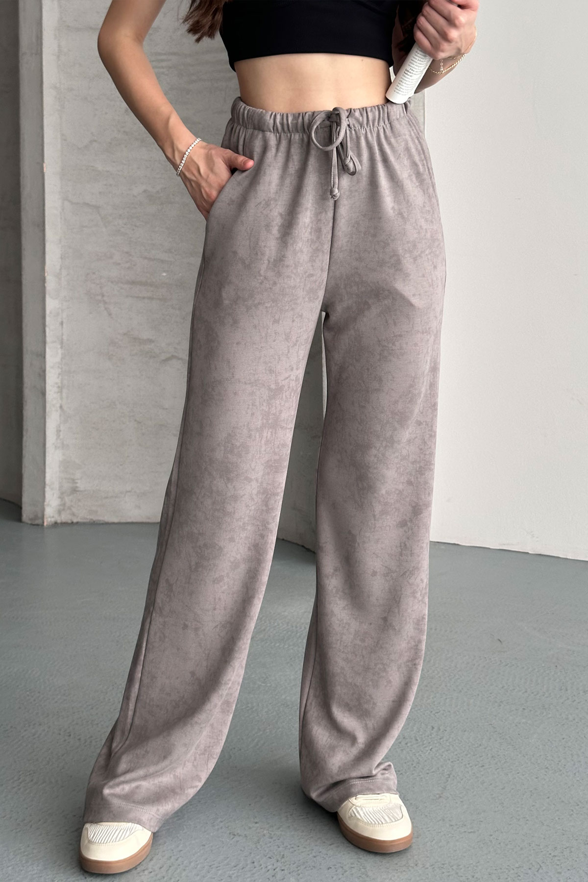 Pogi Kadın Tek Alt Eşofman Batik Pamuk Likralı Bol Paça - Gri - Thumbnail