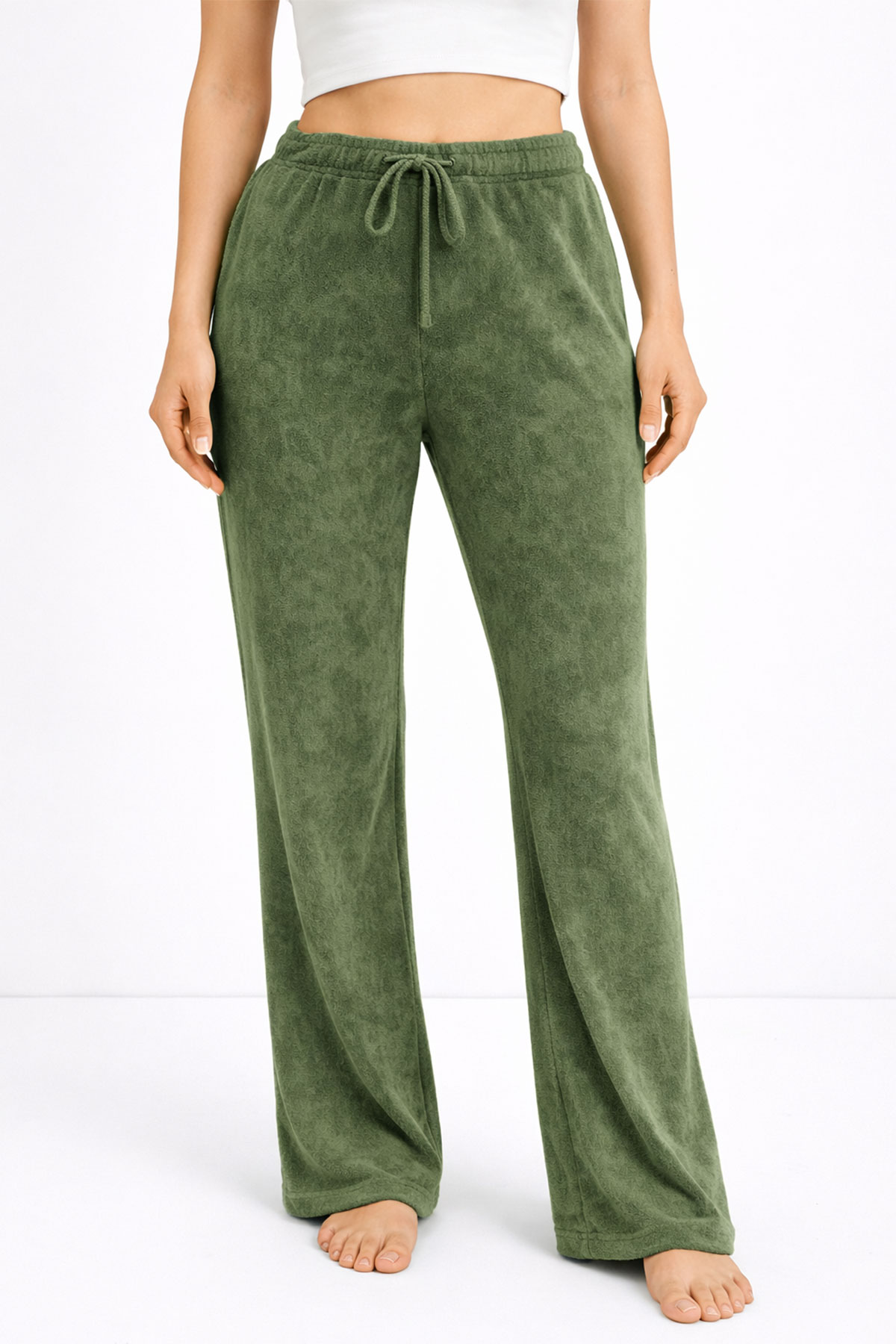 Pogi Kadın Tek Alt Eşofman Batik Pamuk Likralı Bol Paça - Haki Yeşili - Thumbnail