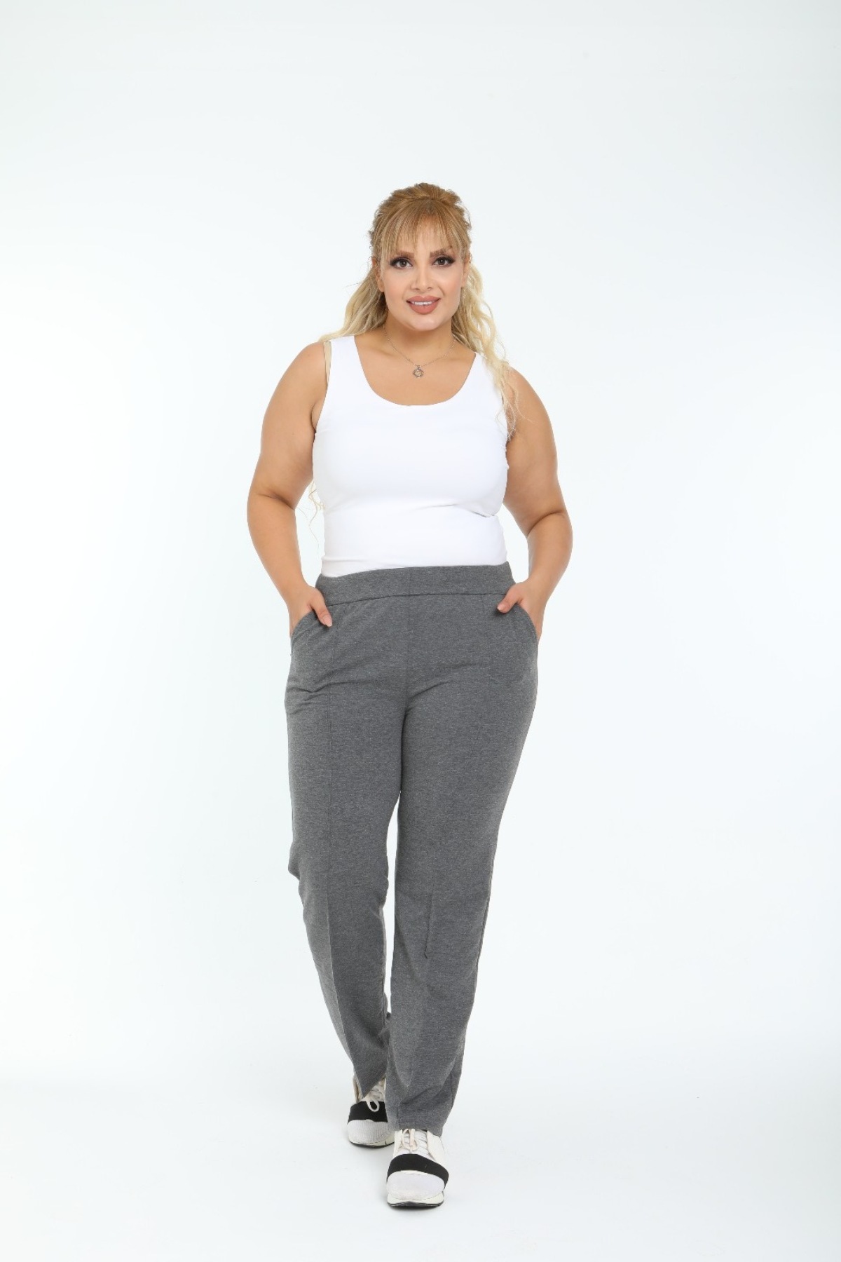 Pogi Kadın Tek Alt Eşofman Büyük Beden - Gri - Thumbnail