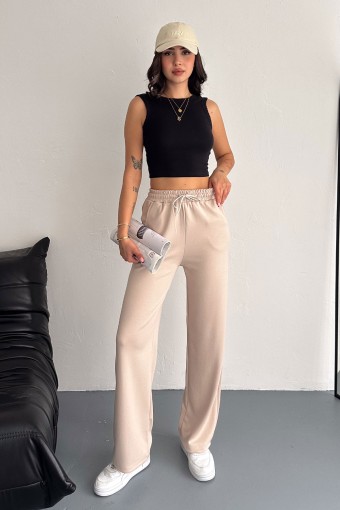 POGI - Pogi Kadın Tek Alt Eşofman Cepli Geniş Paça Modal - Krem