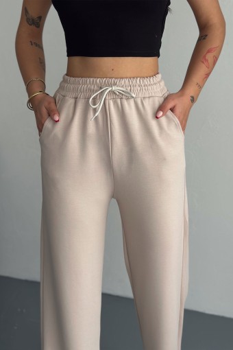 POGI - Pogi Kadın Tek Alt Eşofman Cepli Geniş Paça Modal - Krem (1)