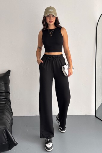 POGI - Pogi Kadın Tek Alt Eşofman Cepli Geniş Paça Modal - Siyah