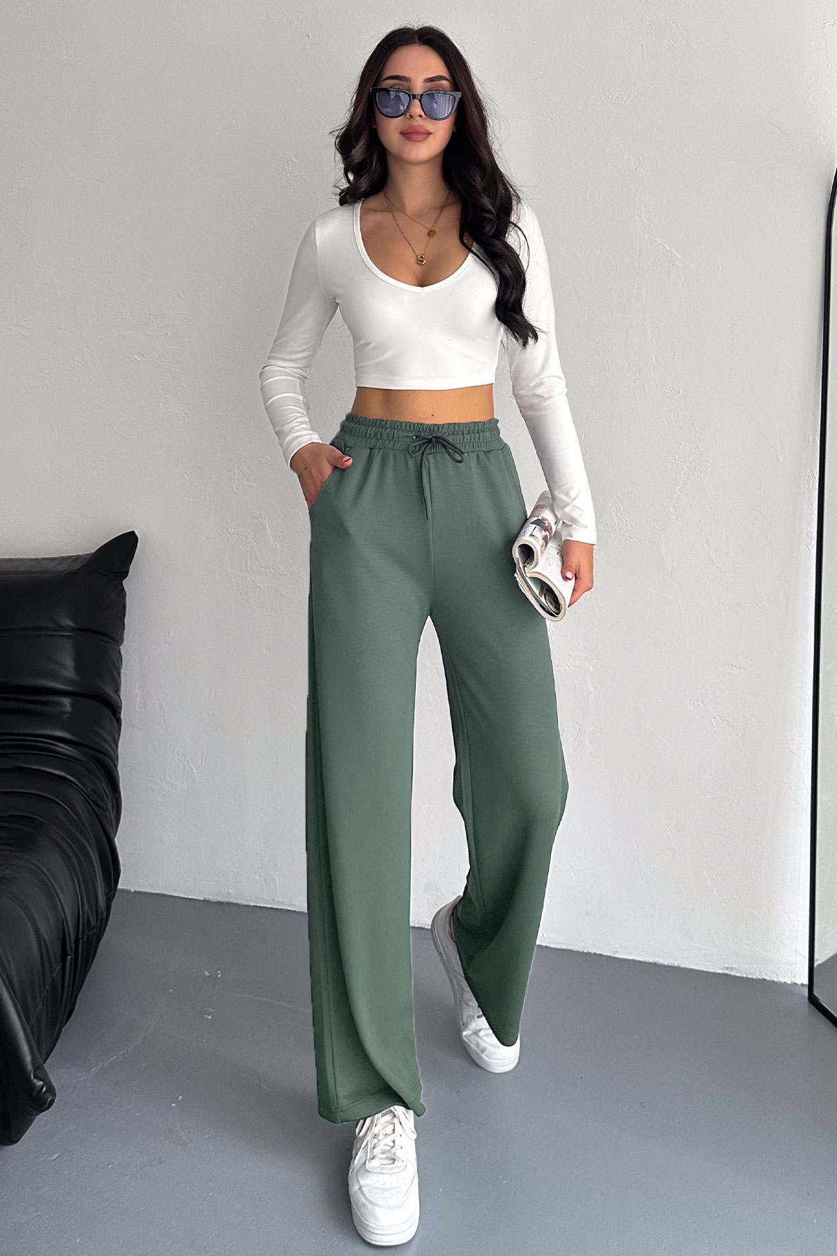 Pogi Kadın Tek Alt Eşofman Cepli Geniş Paça Modal - Siyah - Thumbnail