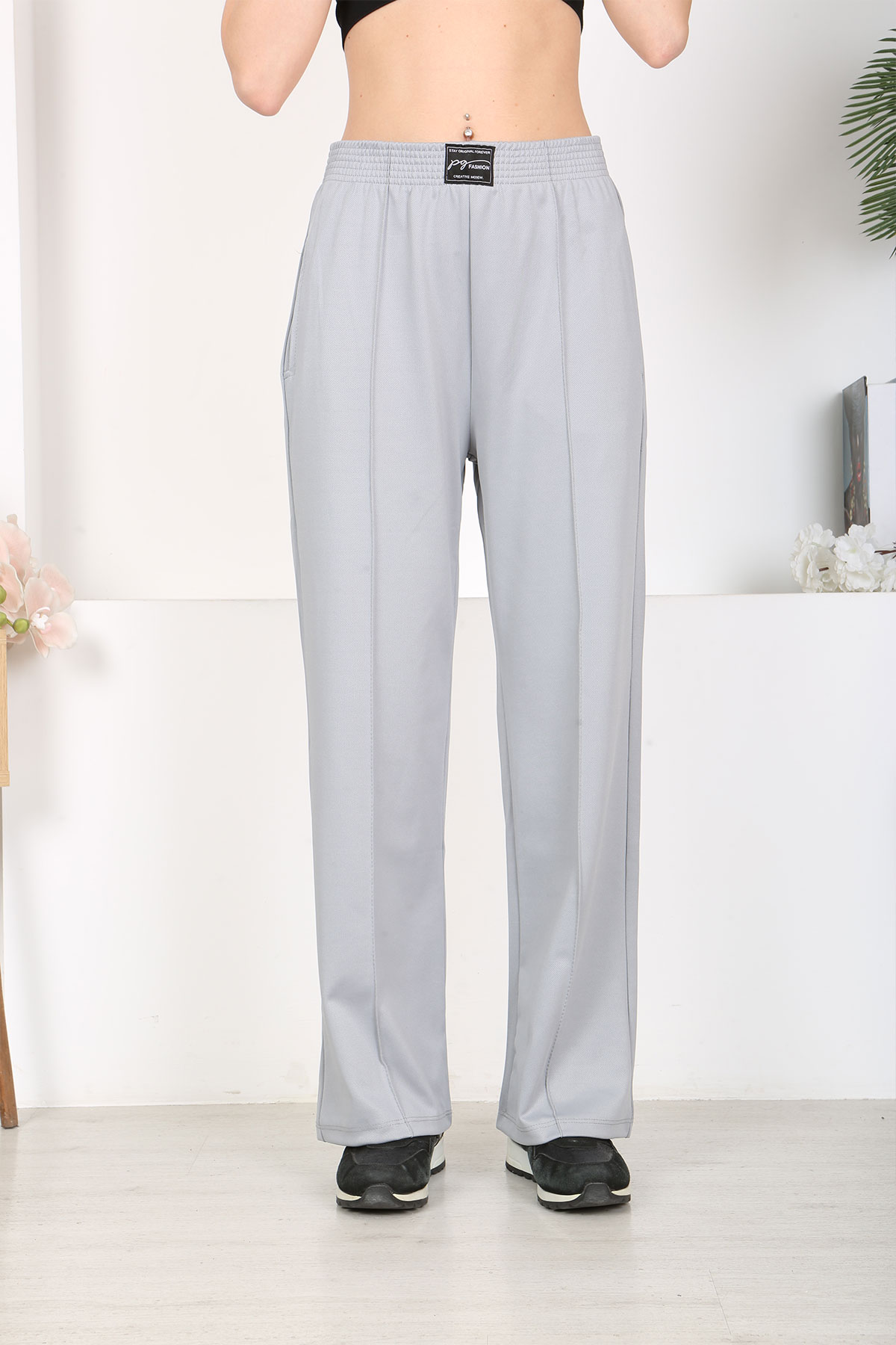 Pogi Kadın Tek Alt Eşofman Cepli Paçası Lastikli - Açık Gri - Thumbnail