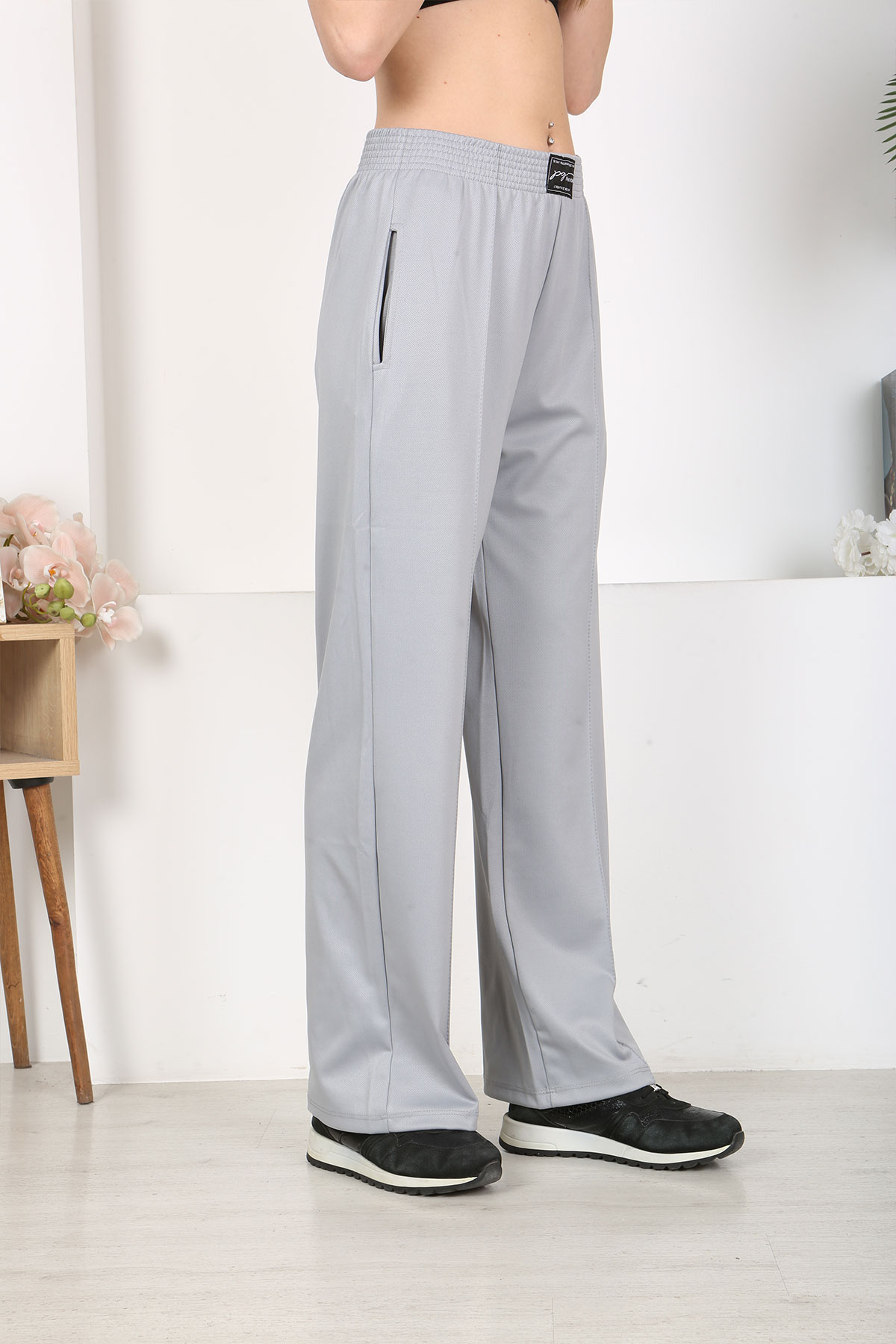 Pogi Kadın Tek Alt Eşofman Cepli Paçası Lastikli - Açık Gri - Thumbnail