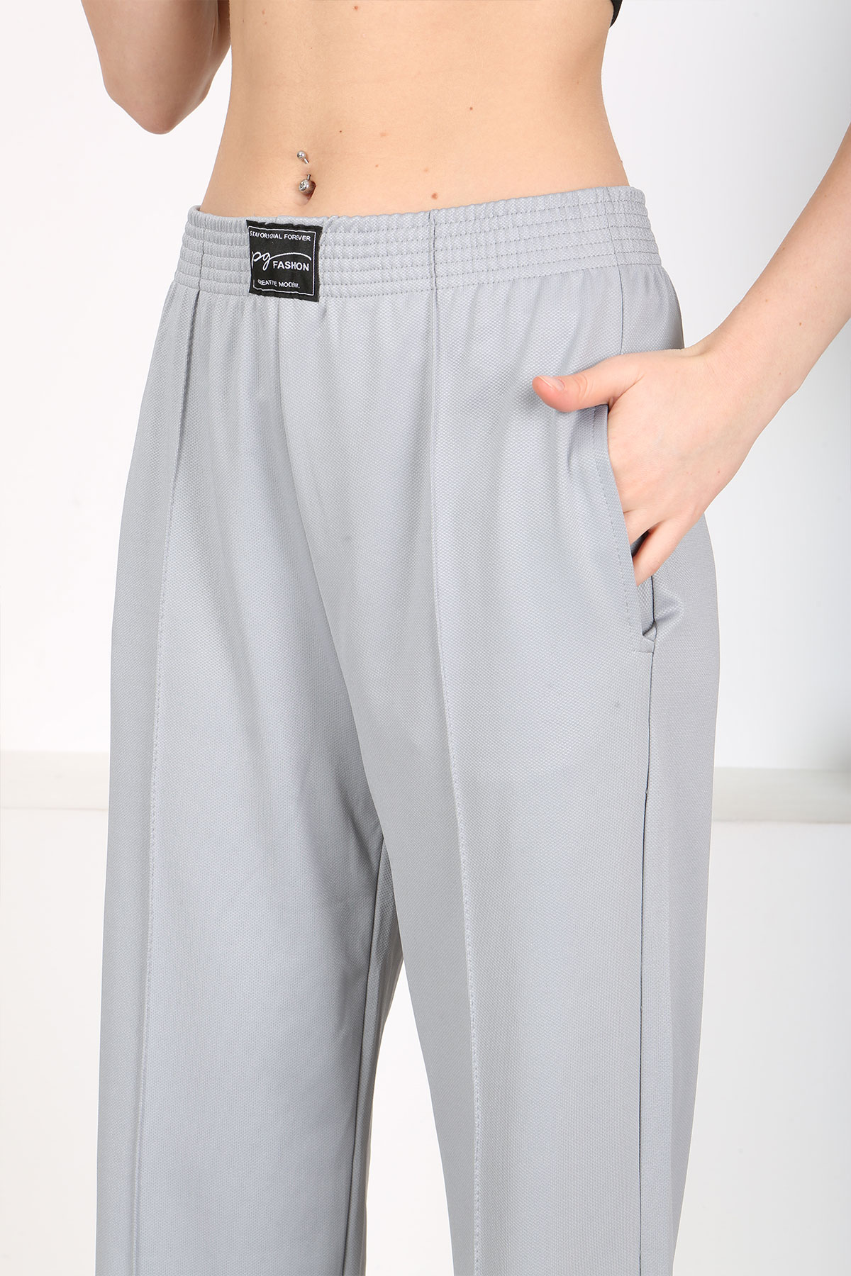 Pogi Kadın Tek Alt Eşofman Cepli Paçası Lastikli - Açık Gri - Thumbnail