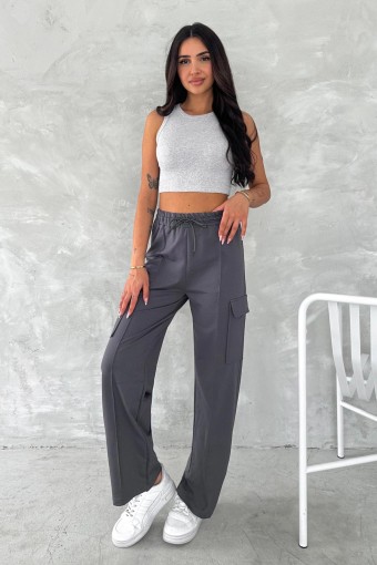 POGI - Pogi Kadın Tek Alt Eşofman Geniş Paça Kargo Cepli - Antrasit