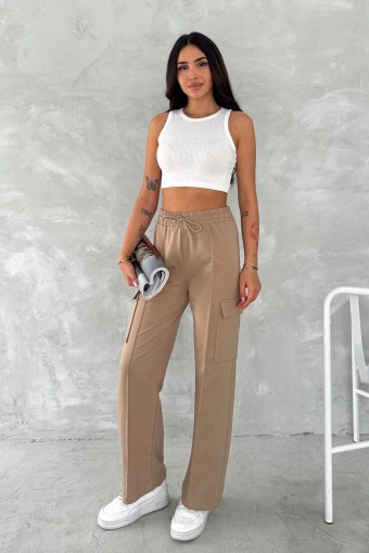 POGI - Pogi Kadın Tek Alt Eşofman Geniş Paça Kargo Cepli - Bej