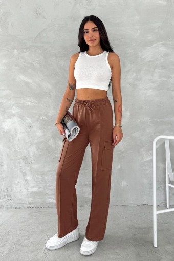 POGI - Pogi Kadın Tek Alt Eşofman Geniş Paça Kargo Cepli - Kahverengi