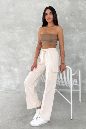 POGI - Pogi Kadın Tek Alt Eşofman Geniş Paça Kargo Cepli - Krem