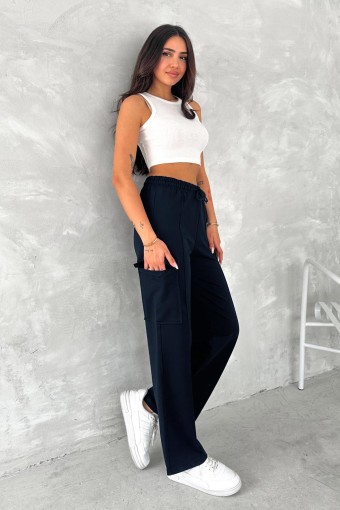 POGI - Pogi Kadın Tek Alt Eşofman Geniş Paça Kargo Cepli - Lacivert