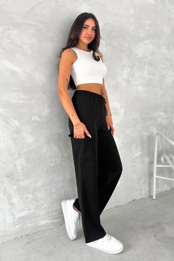 POGI - Pogi Kadın Tek Alt Eşofman Geniş Paça Kargo Cepli - Siyah