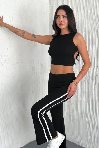 POGI - Pogi Kadın Tek Alt Eşofman Modal İspanyol Paça Şeritli - Siyah (1)