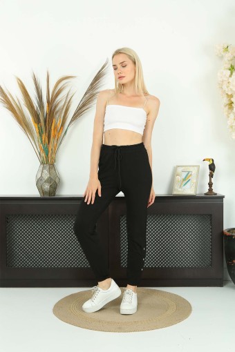 POGI - Pogi Kadın Tek Alt Eşofman Paça Lastikli Çıtçıtlı - Siyah