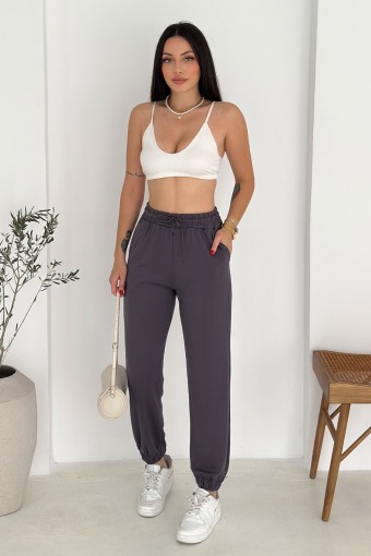 POGI - Pogi Kadın Tek Alt Eşofman Paça Lastikli - Füme