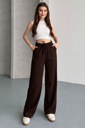 POGI - Pogi Kadın Tek Alt Eşofman Pamuk Likralı Bol Paça Taşlı - Acı Kahve