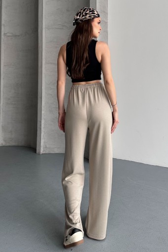 POGI - Pogi Kadın Tek Alt Eşofman Pamuk Likralı Bol Paça Taşlı - Bej (1)