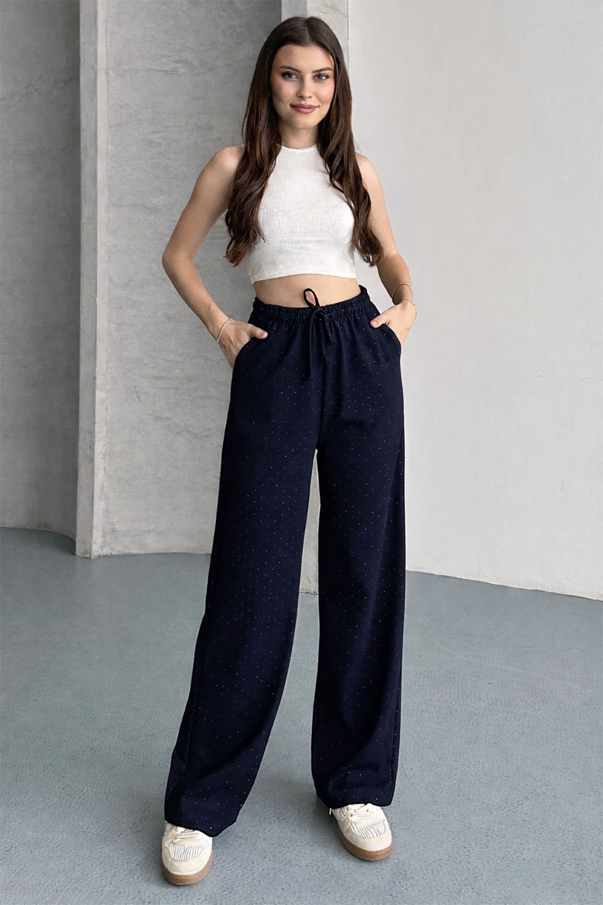 Pogi Kadın Tek Alt Eşofman Pamuk Likralı Bol Paça Taşlı - Lacivert - Thumbnail