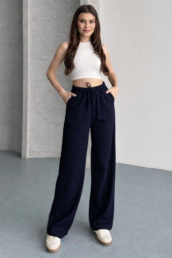 POGI - Pogi Kadın Tek Alt Eşofman Pamuk Likralı Bol Paça Taşlı - Lacivert