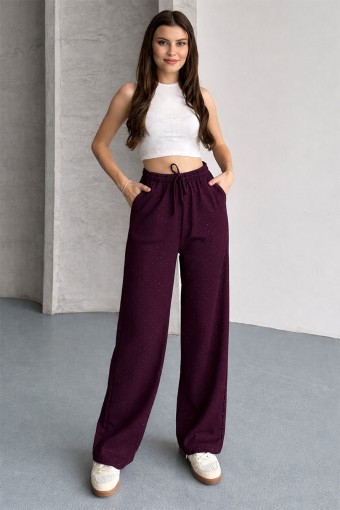 POGI - Pogi Kadın Tek Alt Eşofman Pamuk Likralı Bol Paça Taşlı - Mürdüm