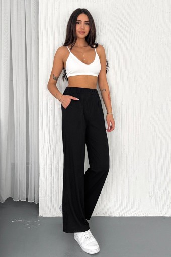 POGI - Pogi Kadın Tek Alt Pantolon Bol Paça Fitilli - Siyah