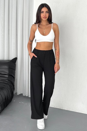 POGI - Pogi Kadın Tek Alt Pantolon Bol Paça Fitilli - Siyah